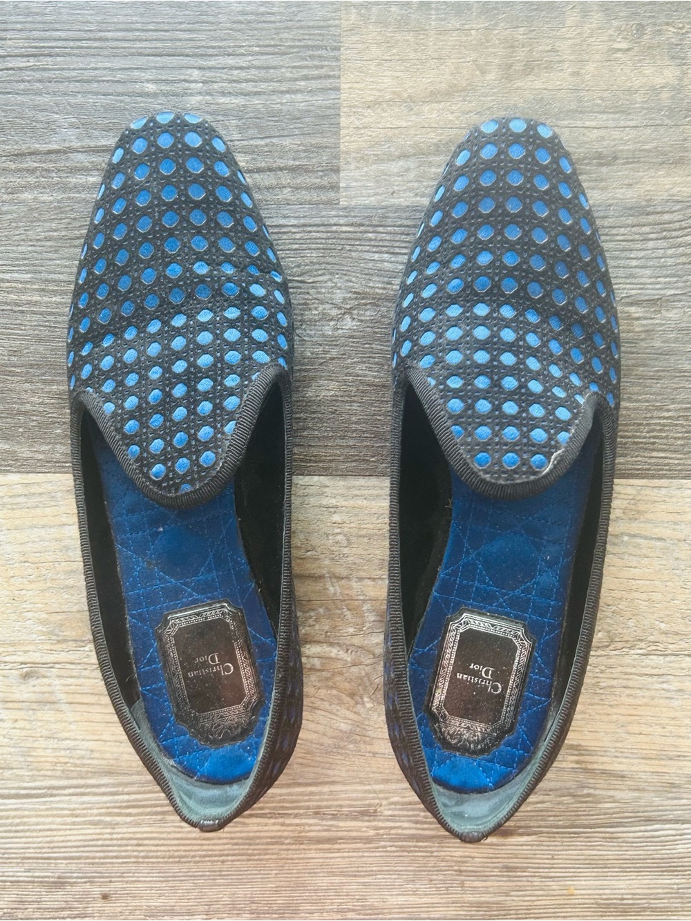 Dior Black Velvet Loafers with Blue Dot Pattern